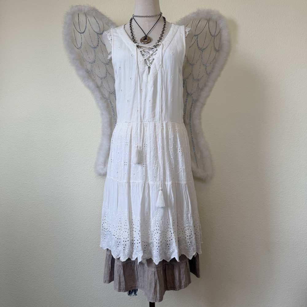 Cottagecore Embroidered‎ Eyelet Lace Up Tiered Midi Dress White Mori Girl Girly